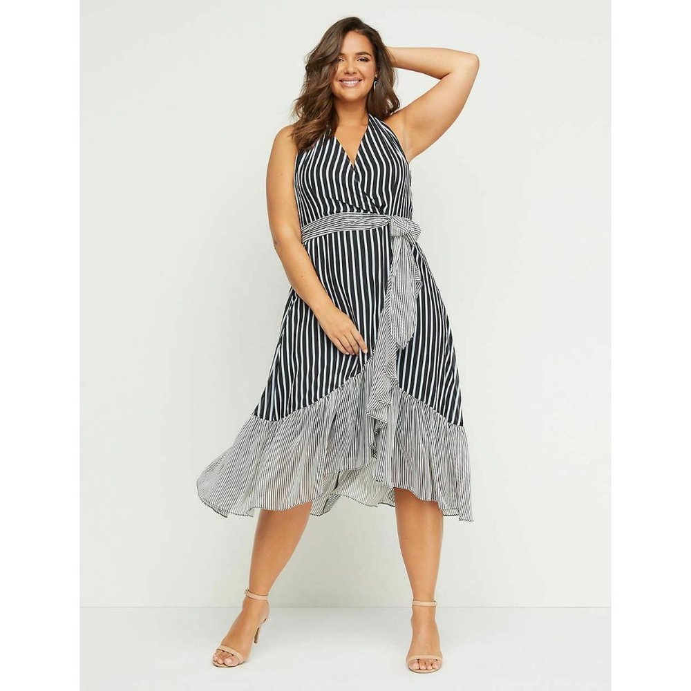 NEW Lane Bryant Stripe Belted Ruffle Chiffon Midi Wrap Dress 28 Black White